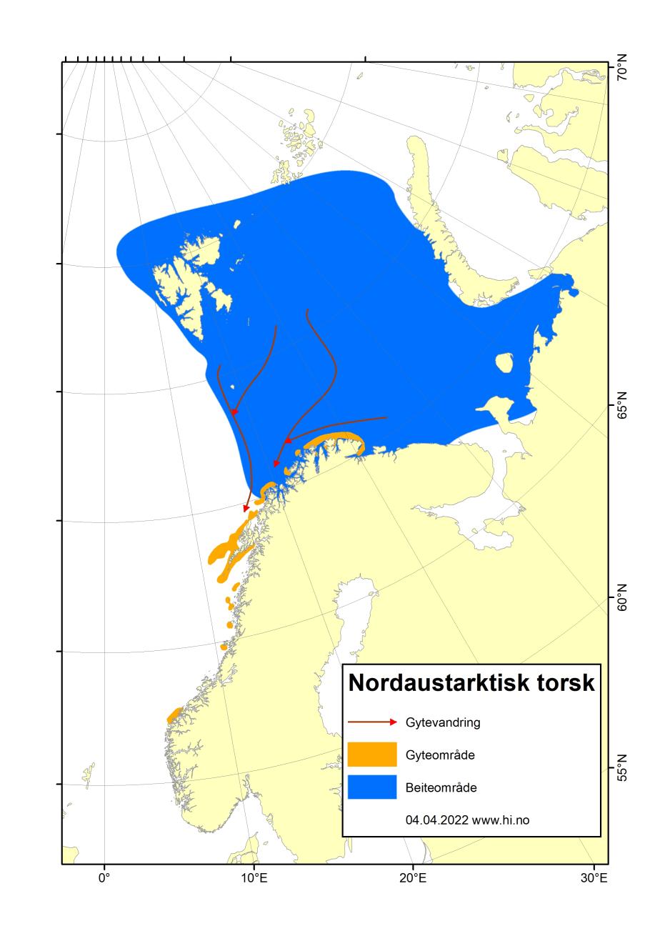 Kart over utbredelse nordøstarktisk torsk