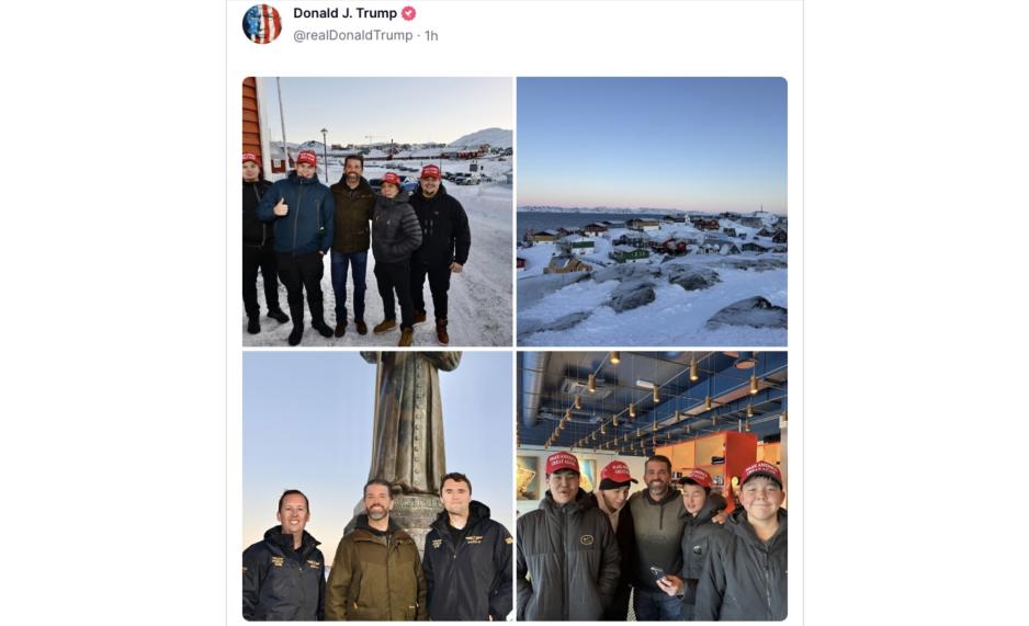 Donald J. Trump har delt bilder fra sønnens opphold på Grønland. Donald Trump jr. poserer foran kamera sammen med grønlendere iført MAGA-kapser og med personell fra Trump-familiens privatfly Trump Force One. Han er etter sigende på en dagstur på øya. (Faksimile fra Truth Social) Donald J. Trump har delt bilder fra sønnens opphold på Grønland. Donald Trump jr. poserer foran kamera sammen med grønlendere iført MAGA-kapser og med personell fra Trump-familiens privatfly Trump Force One. Han er etter sigende på en dagstur på øya. (Faksimile fra Truth Social)