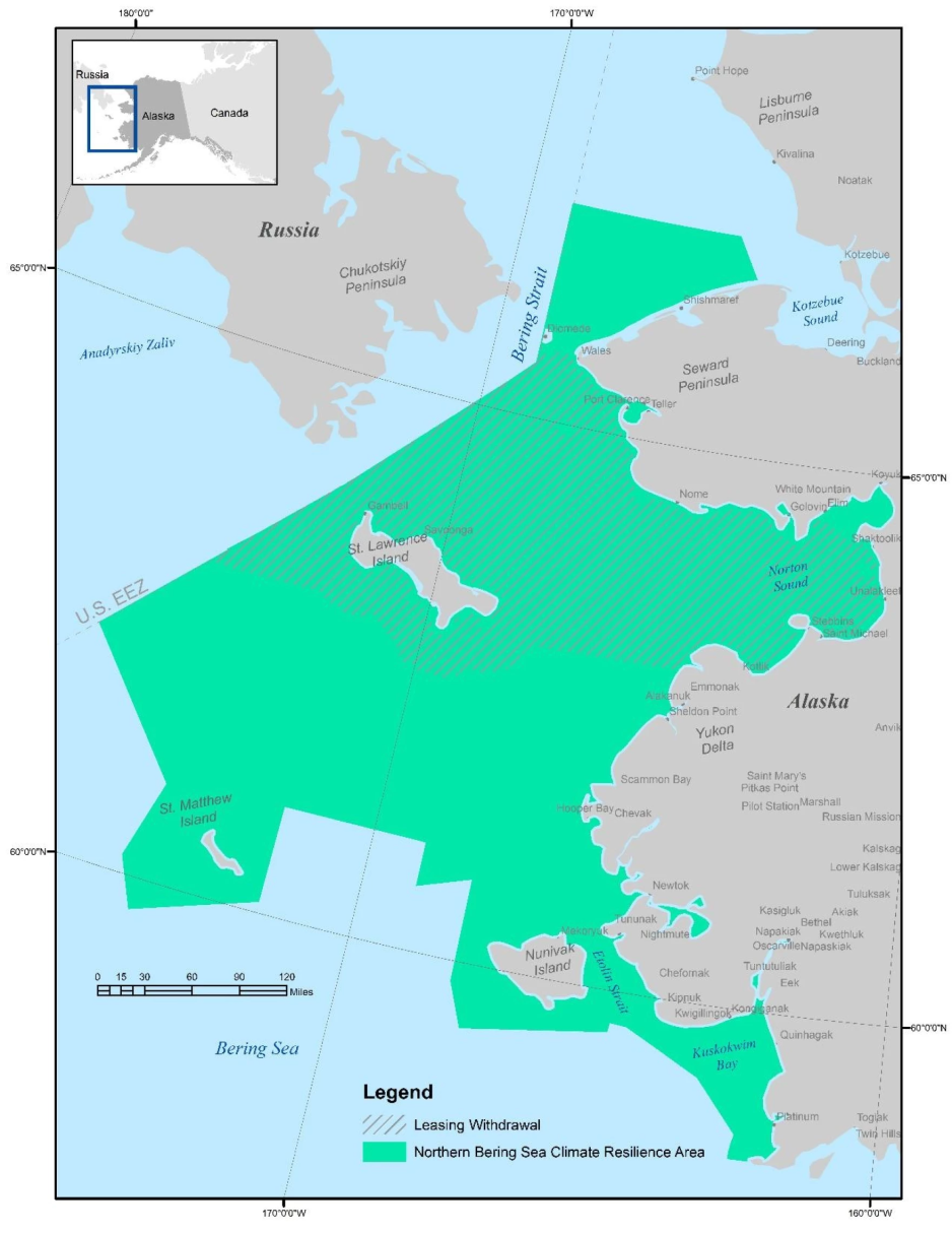 Map showing previously protected areas in the Bering Sea and the new offshore lease ban in the northern section. (Source: White House/Department of Interior) biden ban alaska 2024