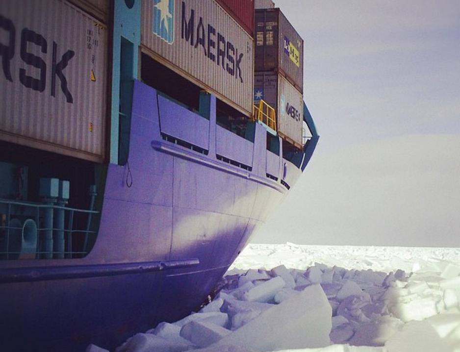 Maersk container ship in ice in the Baltic Sea near Saint Petersburg. (Photo: Courtesy of Maersk) Maersk-in-Ice.