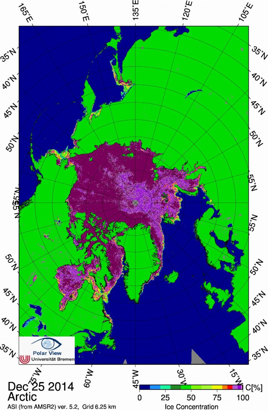 Illustrasjon i forbindelse med artikkel fra The Arctic Institute. Source: Spreen, G., L. Kaleschke, and G.Heygster (2008), Sea ice remote sensing using AMSR-E 89 GHz channels J. Geophys. Res.,vol. 113, C02S03