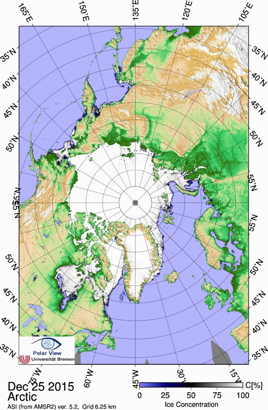 Illustrasjon i forbindelse med artikkel fra The Arctic Institute. Source: Spreen, G., L. Kaleschke, and G.Heygster(2008), Sea ice remote sensing using AMSR-E 89 GHz channels J. Geophys. Res.,vol. 113, C02S03